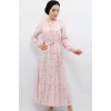 Moda Çizgi Çiçekli Elbise Pudra