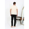 Moda Çizgi Erkek Kısa Kol Penye Pijama Takımı 6866 Krem
