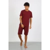 Moda Çizgi Erkek Pamuk Lakost Alt Üst Kaprili Pijama Takım Bordo 6872