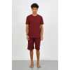 Moda Çizgi Erkek Pamuk Lakost Alt Üst Kaprili Pijama Takım Bordo 6872