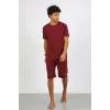 Moda Çizgi Erkek Pamuk Lakost Alt Üst Kaprili Pijama Takım Bordo 6872