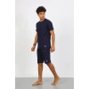 Moda Çizgi Erkek Pamuk Lakost Alt Üst Kaprili Pijama Takım Lacivert 6873