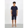 Moda Çizgi Erkek Pamuk Lakost Alt Üst Kaprili Pijama Takım Lacivert 6873