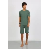 Moda Çizgi Erkek Pamuk Lakost Alt Üst Kaprili Pijama Takım Yeşil 6872