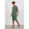 Moda Çizgi Erkek Pamuk Lakost Alt Üst Kaprili Pijama Takım Yeşil 6872
