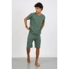 Moda Çizgi Erkek Pamuk Lakost Alt Üst Kaprili Pijama Takım Yeşil 6872