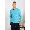 Moda Çizgi Erkek Penye Uzun Kol Pijama Takımı 6860 Turkuaz