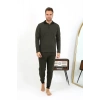 Moda Çizgi Erkek Polo Yaka Uzun Kol Penye Pijama Takımı 6862 Haki