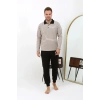 Moda Çizgi Erkek Polo Yaka Uzun Kol Penye Pijama Takımı 6862 Krem