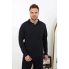 Moda Çizgi Erkek Polo Yaka Uzun Kol Penye Pijama Takımı 6862 Lacivert