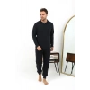 Moda Çizgi Erkek Polo Yaka Uzun Kol Penye Pijama Takımı 6862 Lacivert