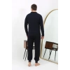 Moda Çizgi Erkek Polo Yaka Uzun Kol Penye Pijama Takımı 6862 Lacivert