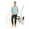 Moda Çizgi Erkek Polo Yaka Uzun Kol Penye Pijama Takımı 6862 Su Yeşili