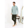 Moda Çizgi Erkek Polo Yaka Uzun Kol Penye Pijama Takımı 6862 Su Yeşili