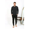 Moda Çizgi Erkek Polo Yaka Uzun Kol Penye Pijama Takımı Antrasit 6865