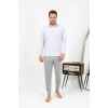 Moda Çizgi Erkek Polo Yaka Uzun Kol Penye Pijama Takımı Gri 6864