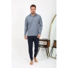 Moda Çizgi Erkek Polo Yaka Uzun Kol Penye Pijama Takımı Lacivert 6865