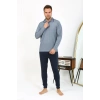 Moda Çizgi Erkek Polo Yaka Uzun Kol Penye Pijama Takımı Lacivert 6865