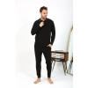 Moda Çizgi Erkek Polo Yaka Uzun Kol Penye Pijama Takımı Siyah 6864