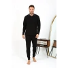 Moda Çizgi Erkek Polo Yaka Uzun Kol Penye Pijama Takımı Siyah 6864