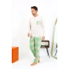 Moda Çizgi Erkek Uzun Kol Penye Krem Pijama Takımı 6861