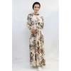 Moda Çizgi Gül Desenli Elbise MC4101 Bej