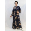 Moda Çizgi Gül Desenli Elbise MC4101 Lacivert
