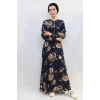 Moda Çizgi Gül Desenli Elbise MC4101 Lacivert