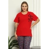 Moda Çizgi Kadın %100 Pamuk Kısa Kol Büyük Beden Pijama Takım 202144