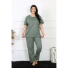 Moda Çizgi Kadın 5XL-6XL-7XL-8XL Büyük Beden Yeşil Kısa Kol Pijama Takım 75012