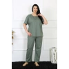 Moda Çizgi Kadın 5XL-6XL-7XL-8XL Büyük Beden Yeşil Kısa Kol Pijama Takım 75012