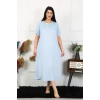 Moda Çizgi Kadın Büyük Beden Kısa Kol Mavi Dantelli Anne Gecelik 1376