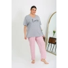 Moda Çizgi Kadın Büyük Beden Kısa Kol Penye Pijama Takımı Gri 202408