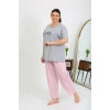 Moda Çizgi Kadın Büyük Beden Kısa Kol Penye Pijama Takımı Gri 202408