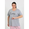 Moda Çizgi Kadın Büyük Beden Kısa Kol Penye Pijama Takımı Gri 202408