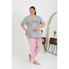 Moda Çizgi Kadın Büyük Beden Kısa Kol Penye Pijama Takımı Gri 202408