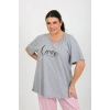 Moda Çizgi Kadın Büyük Beden Kısa Kol Penye Pijama Takımı Gri 202408