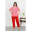 Moda Çizgi Kadın Büyük Beden Kısa Kol Penye Pijama Takımı Kırmızı 202505