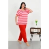 Moda Çizgi Kadın Büyük Beden Kısa Kol Penye Pijama Takımı Kırmızı 202505
