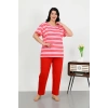 Moda Çizgi Kadın Büyük Beden Kısa Kol Penye Pijama Takımı Kırmızı 202505