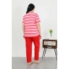 Moda Çizgi Kadın Büyük Beden Kısa Kol Penye Pijama Takımı Kırmızı 202505