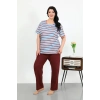 Moda Çizgi Kadın Büyük Beden Kısa Kol Penye Pijama Takımı Mavi 202505