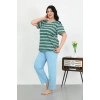 Moda Çizgi Kadın Büyük Beden Kısa Kol Penye Pijama Takımı Petrol 202505