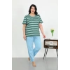 Moda Çizgi Kadın Büyük Beden Kısa Kol Penye Pijama Takımı Petrol 202505
