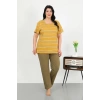 Moda Çizgi Kadın Büyük Beden Kısa Kol Penye Pijama Takımı Sarı 202505