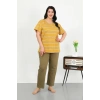 Moda Çizgi Kadın Büyük Beden Kısa Kol Penye Pijama Takımı Sarı 202505