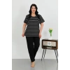 Moda Çizgi Kadın Büyük Beden Kısa Kol Penye Pijama Takımı Siyah 202505