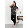 Moda Çizgi Kadın Büyük Beden Kısa Kol Penye Pijama Takımı Siyah 202505