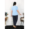 Moda Çizgi Kadın Büyük Beden Mavi Pijama Takımı 202402