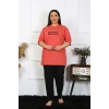 Moda Çizgi Kadın Büyük Beden Mercan Pijama Takımı 202404